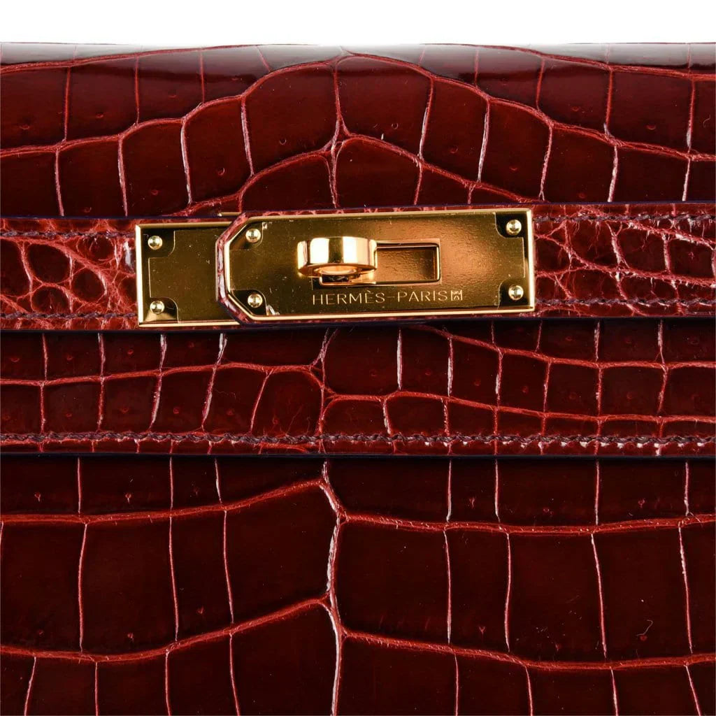 Kelly 28 Bag Sellier Bourgogne Red Navy Contour Crocodile Gold Hardware