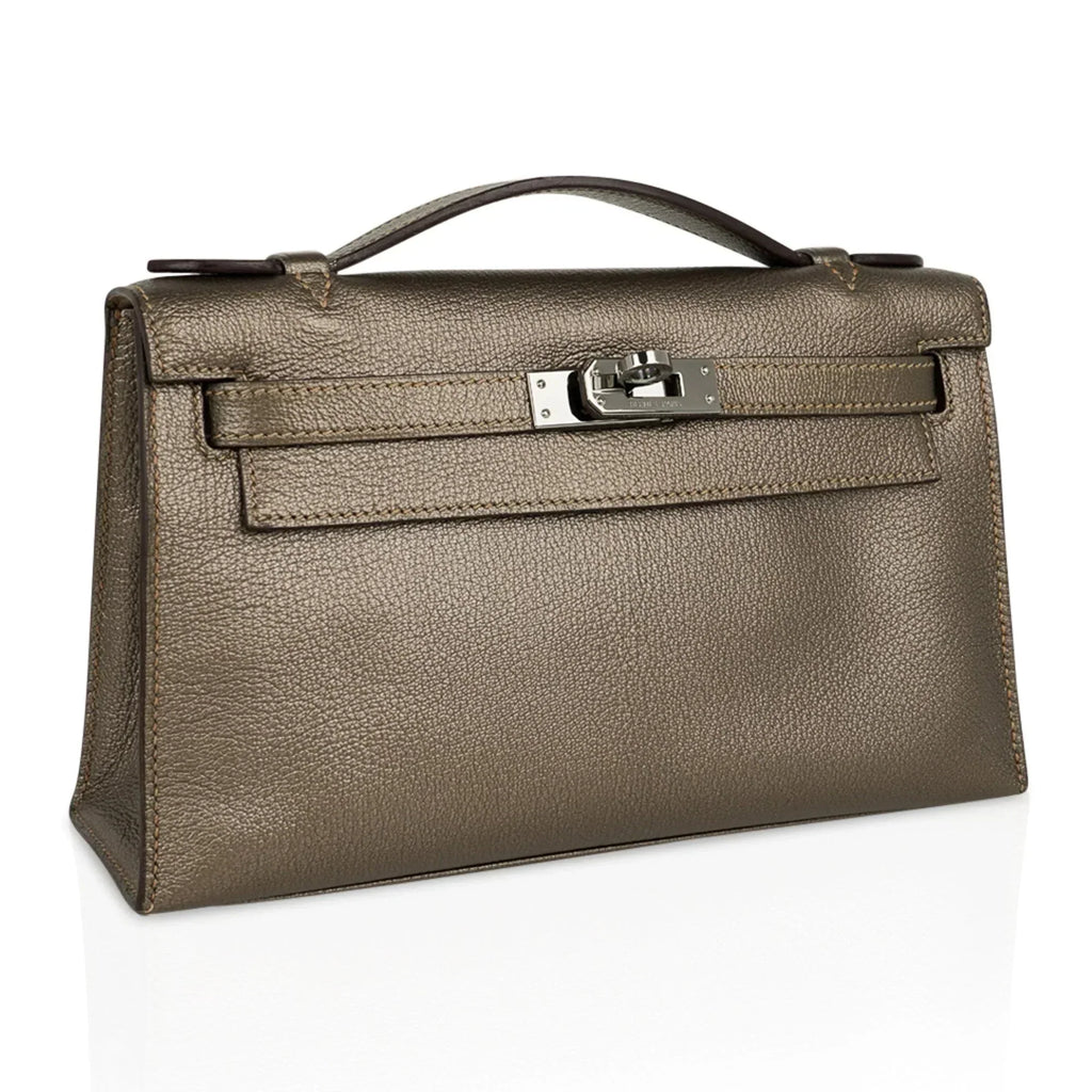 Kelly Pochette Metallic Bronze Clutch Bag Chevre Palladium