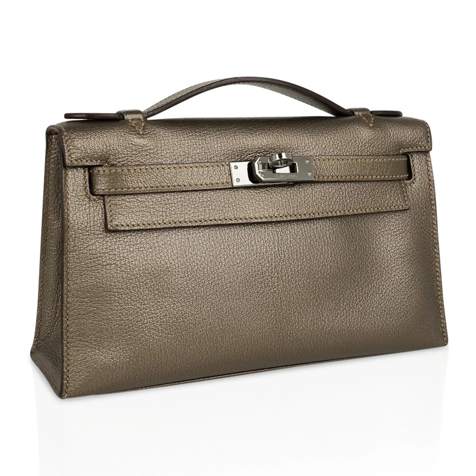 Kelly Pochette Metallic Bronze Clutch Bag Chevre Palladium