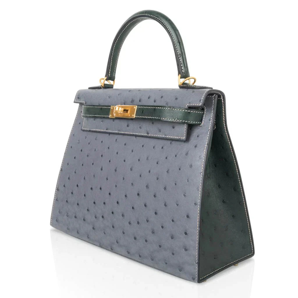 Kelly Sellier 28 HSS Bag Gris Agate / Vert Titien Ostrich Gold Hardware