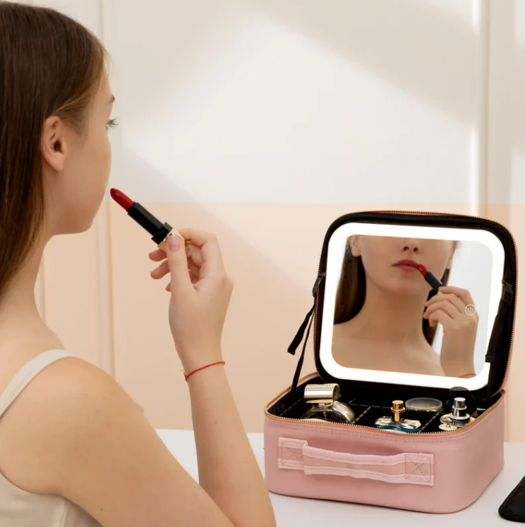 Travel Makeup Case with Built-In LED Light Mirror