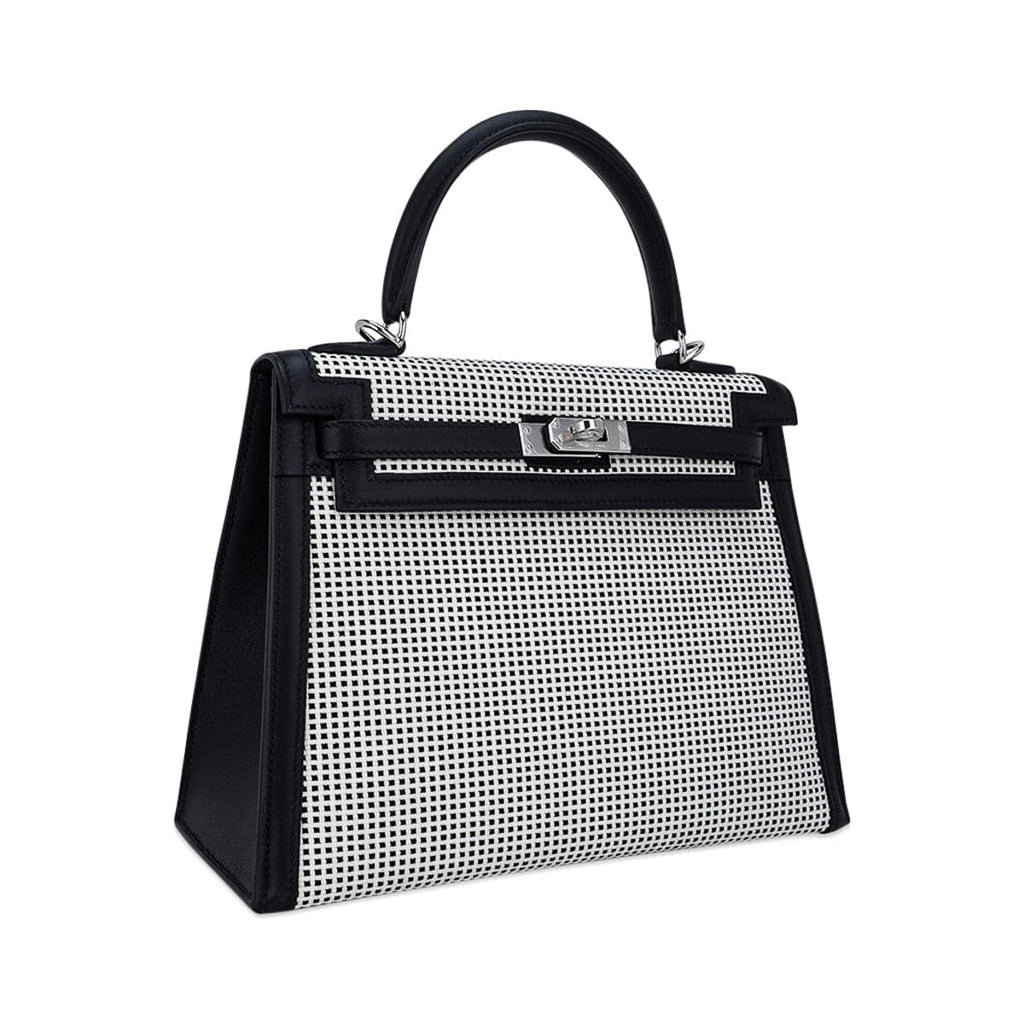Kelly 25 Sellier Bag Quadrille Black & White Viking Toile Swift Leather with Palladium Hardware
