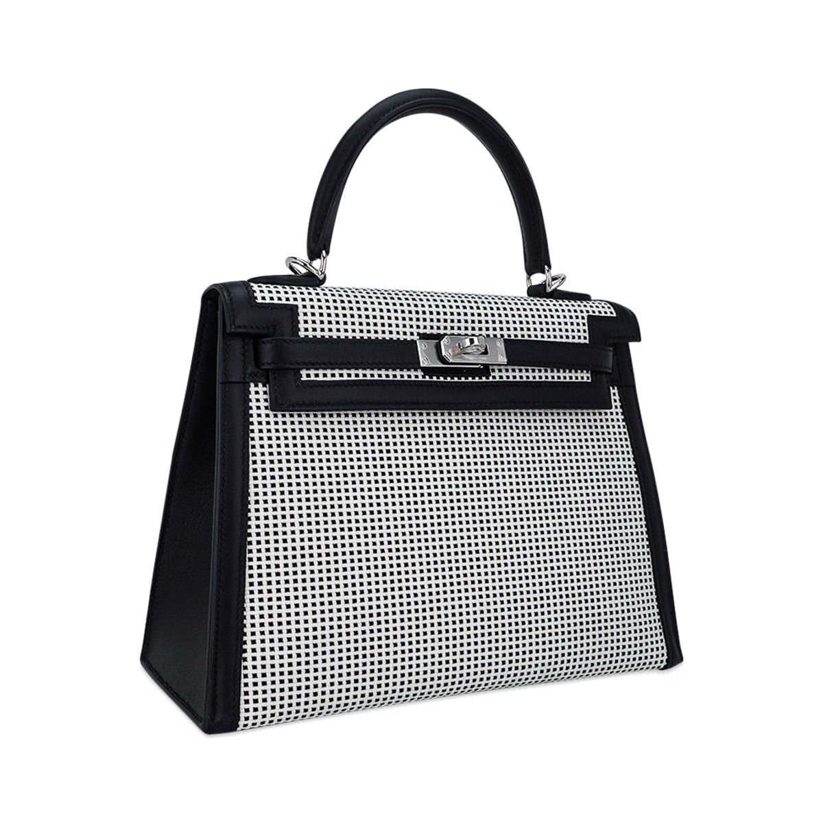 Kelly 25 Sellier Bag Quadrille Black & White Viking Toile Swift Leather with Palladium Hardware