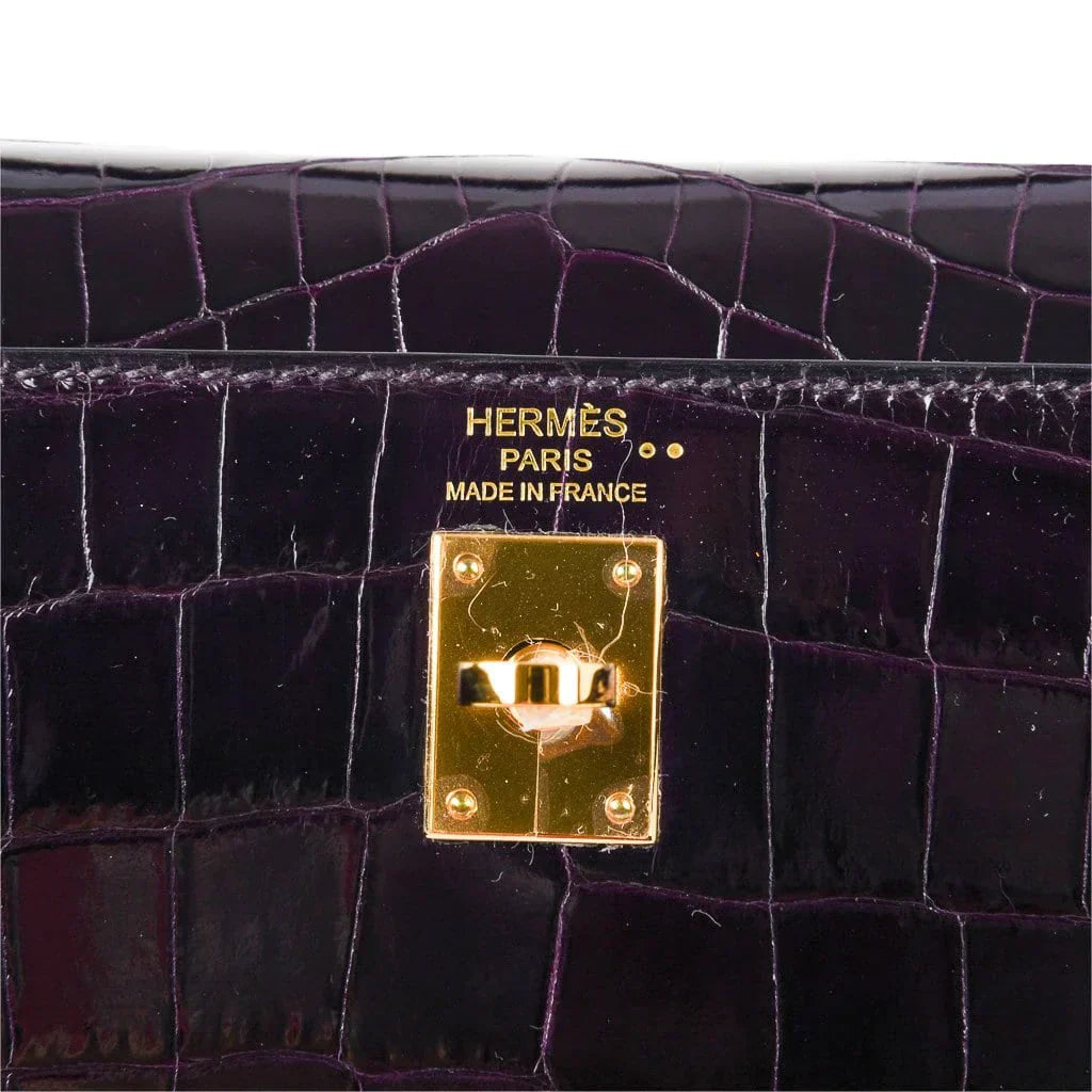Kelly 25 Bag Sellier Crocodile Prunoir Gold Hardware