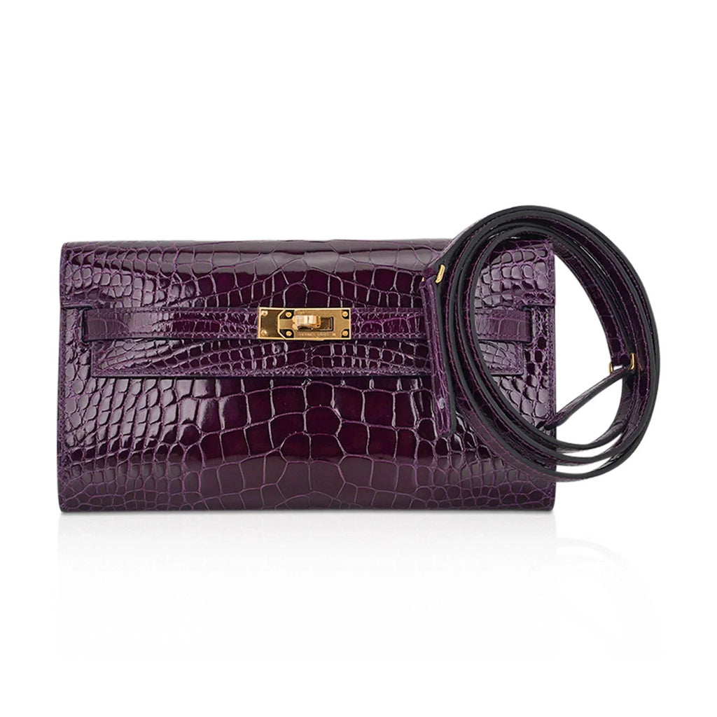 Kelly Classique To Go Wallet Cassis Alligator with Gold Hardware