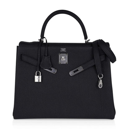 Kelly 35 Bag Black Retourne Togo Palladium Hardware New