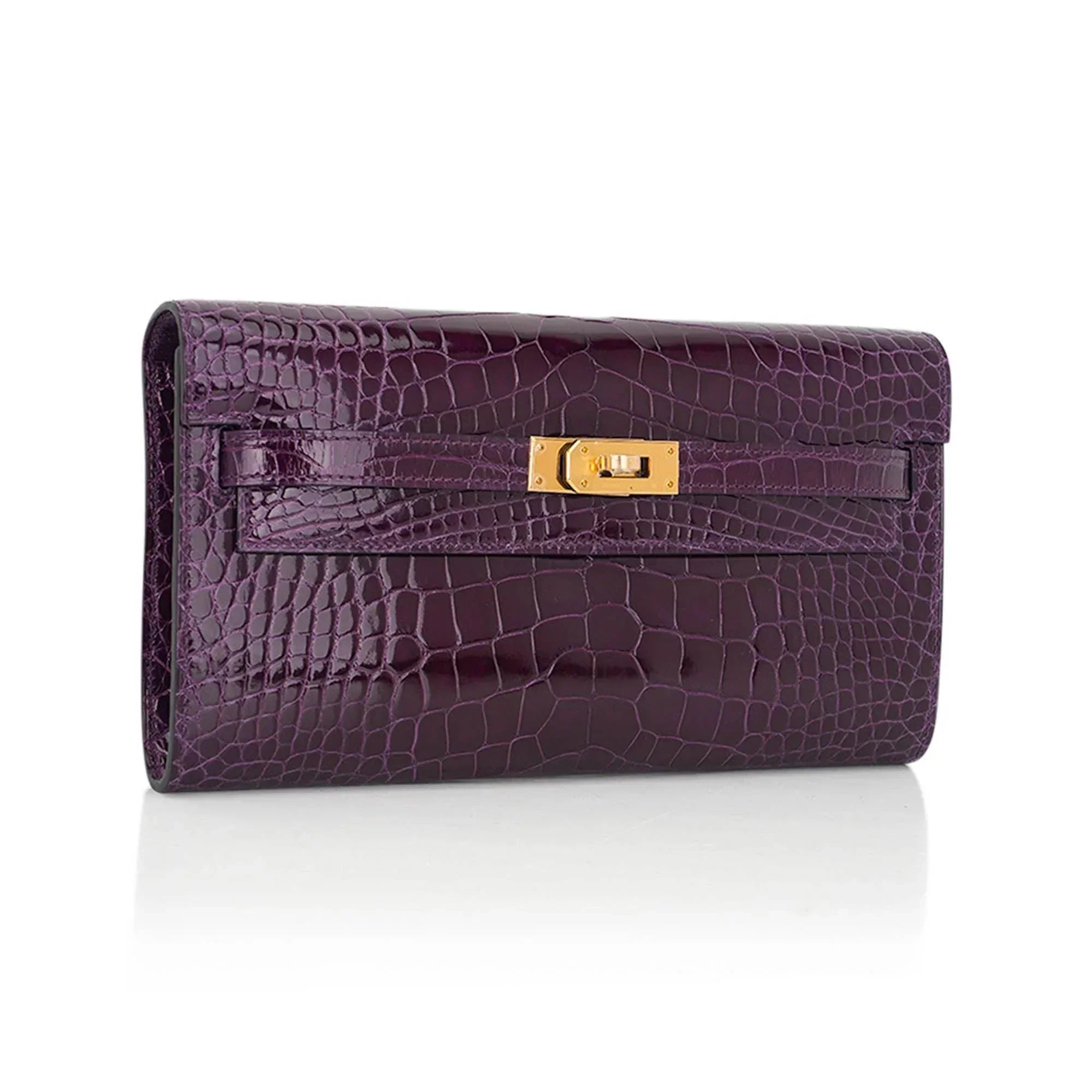 Kelly Classique To Go Wallet Cassis Alligator with Gold Hardware