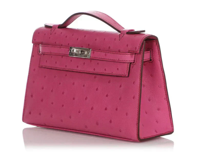 Kelly Pochette Palladium Hardware Fuchsia Ostrich