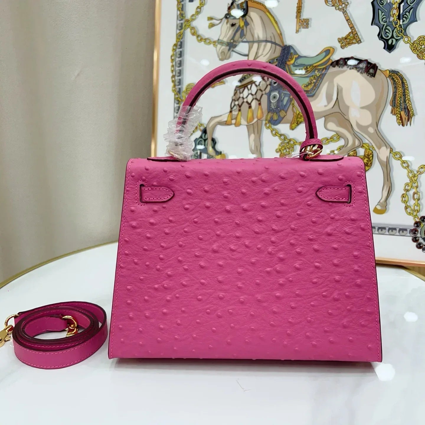 Kelly Sellier 25 Rose Pourpre and Gris Agate Ostrich Brushed Gold Hardware