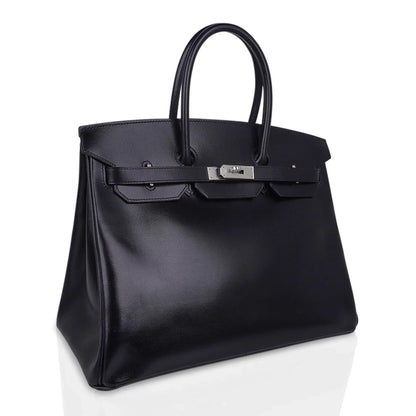 Birkin 35 Bag Black Box Palladium Guilloche Hardware