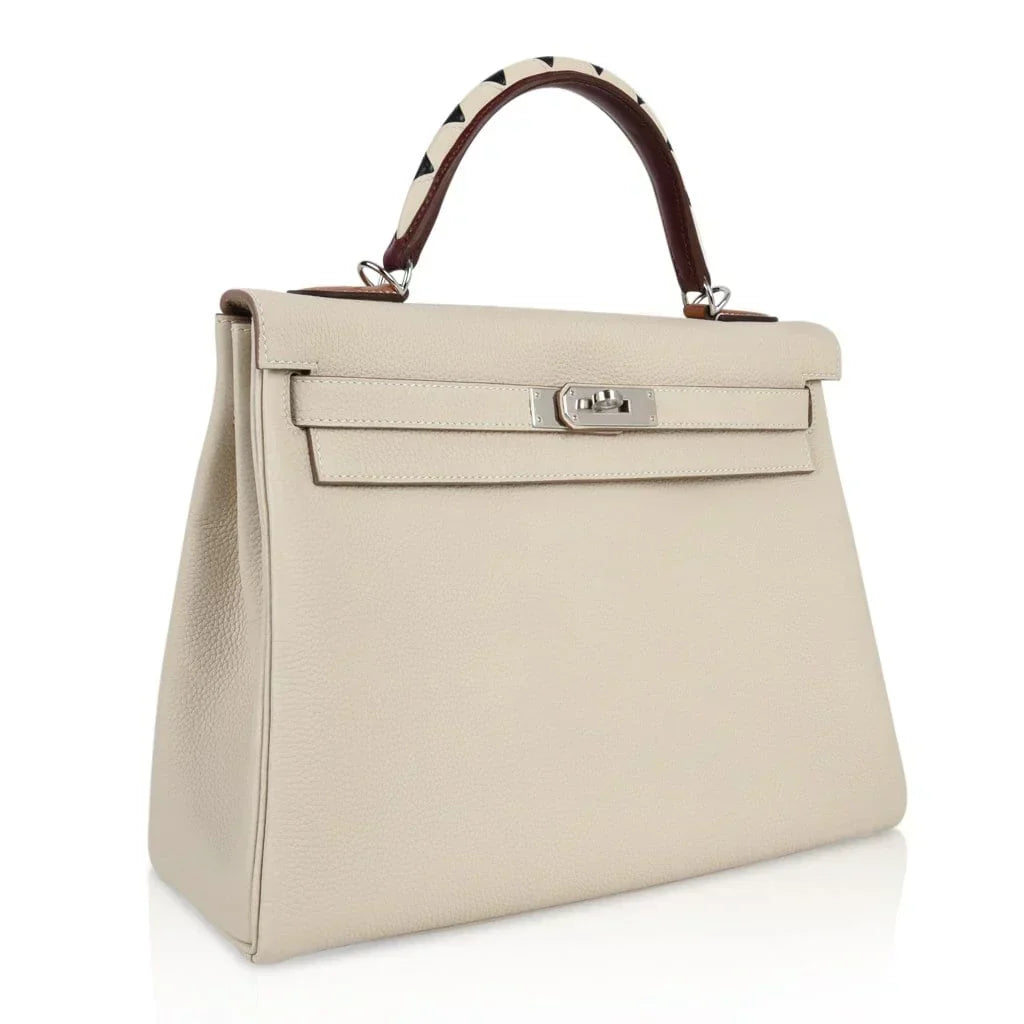 Limited Edition Kelly 32 Retourne Bag Au Galop Craie Togo Leather with Palladium Hardware