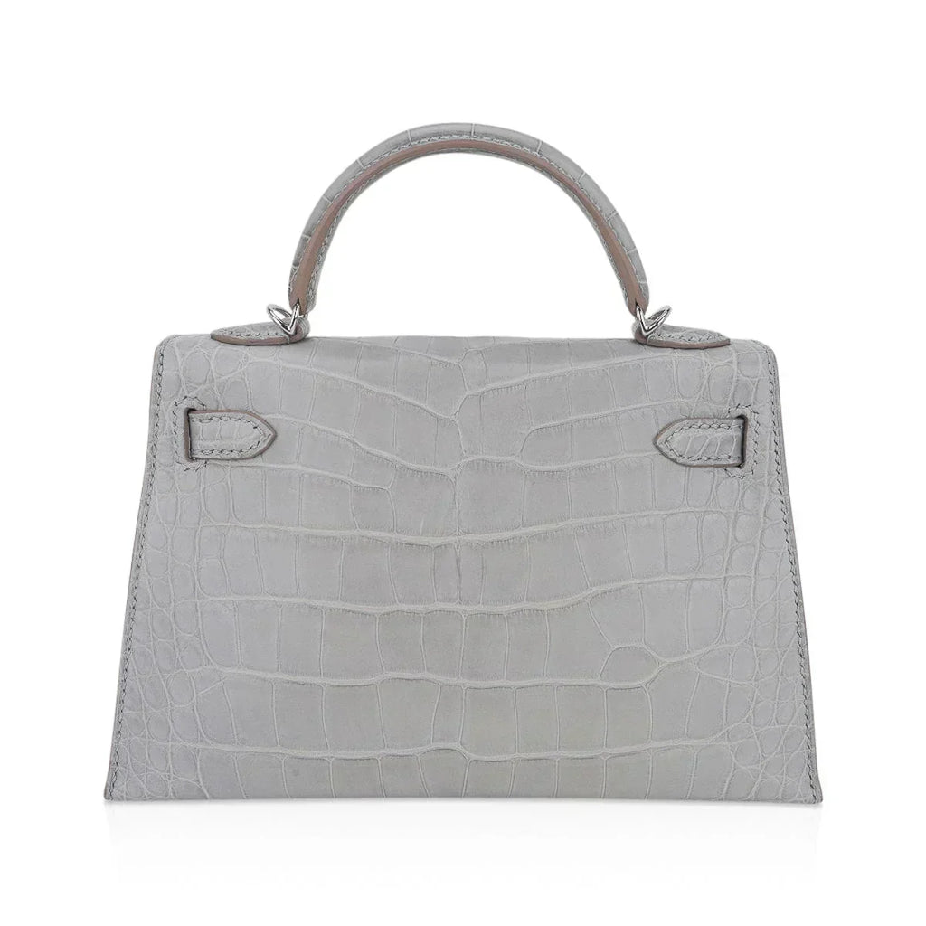 Limited Edition Mini Kelly 20 Sellier Matte Gris Perle Alligator Bag Palladium Hardware