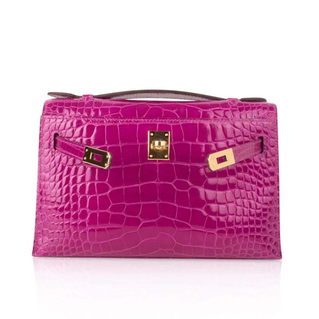 Kelly Pochette Clutch Bag Rose Scheherazade Pink Alligator Gold Hardware