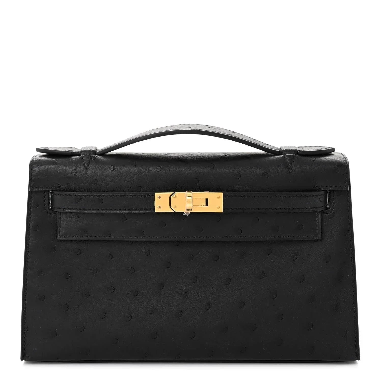 Kelly Pochette Black Ostrich Clutch Gold Hardware