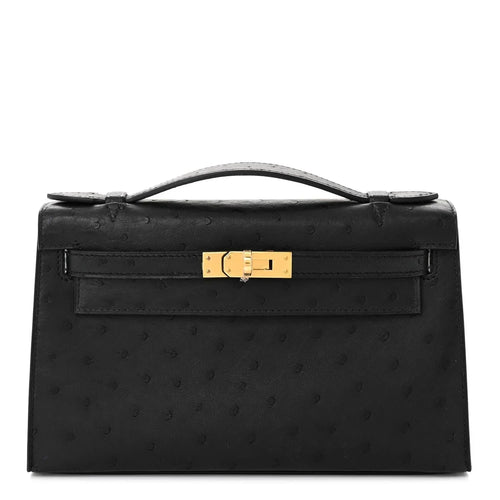 Kelly Pochette Black Ostrich Clutch Gold Hardware