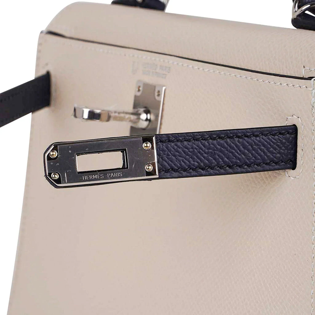 Special Order HSS Mini Kelly 20 Bag Sellier Craie & Blue Indigo Epsom Leather with Palladium Hardware