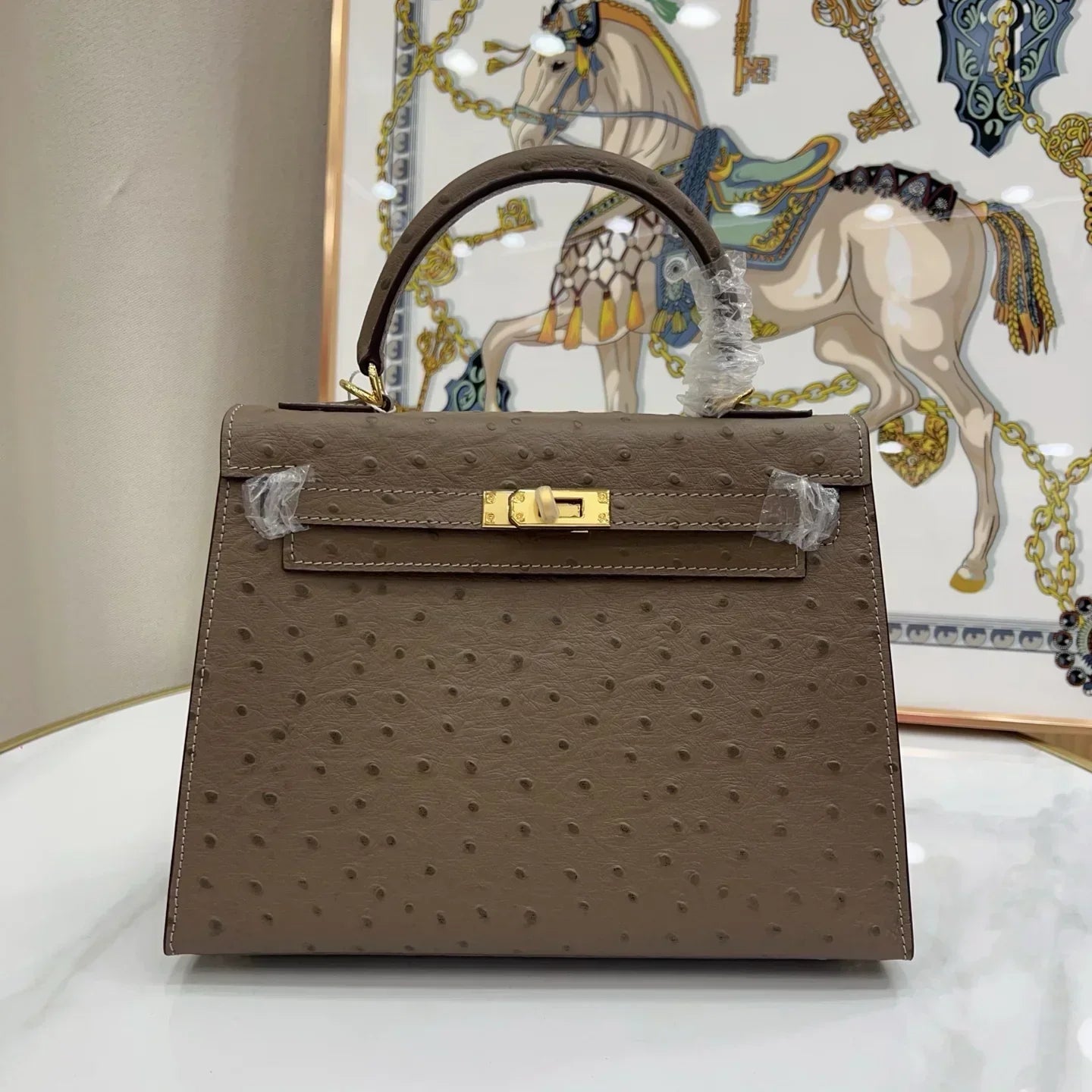 Kelly Sellier Gris Mousse Ostrich Gold Hardware