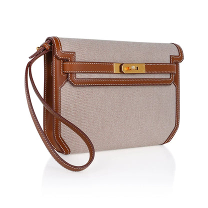Kelly Depeches 25 Pouch Toile / Fauve Barenia Trim Gold Hardware
