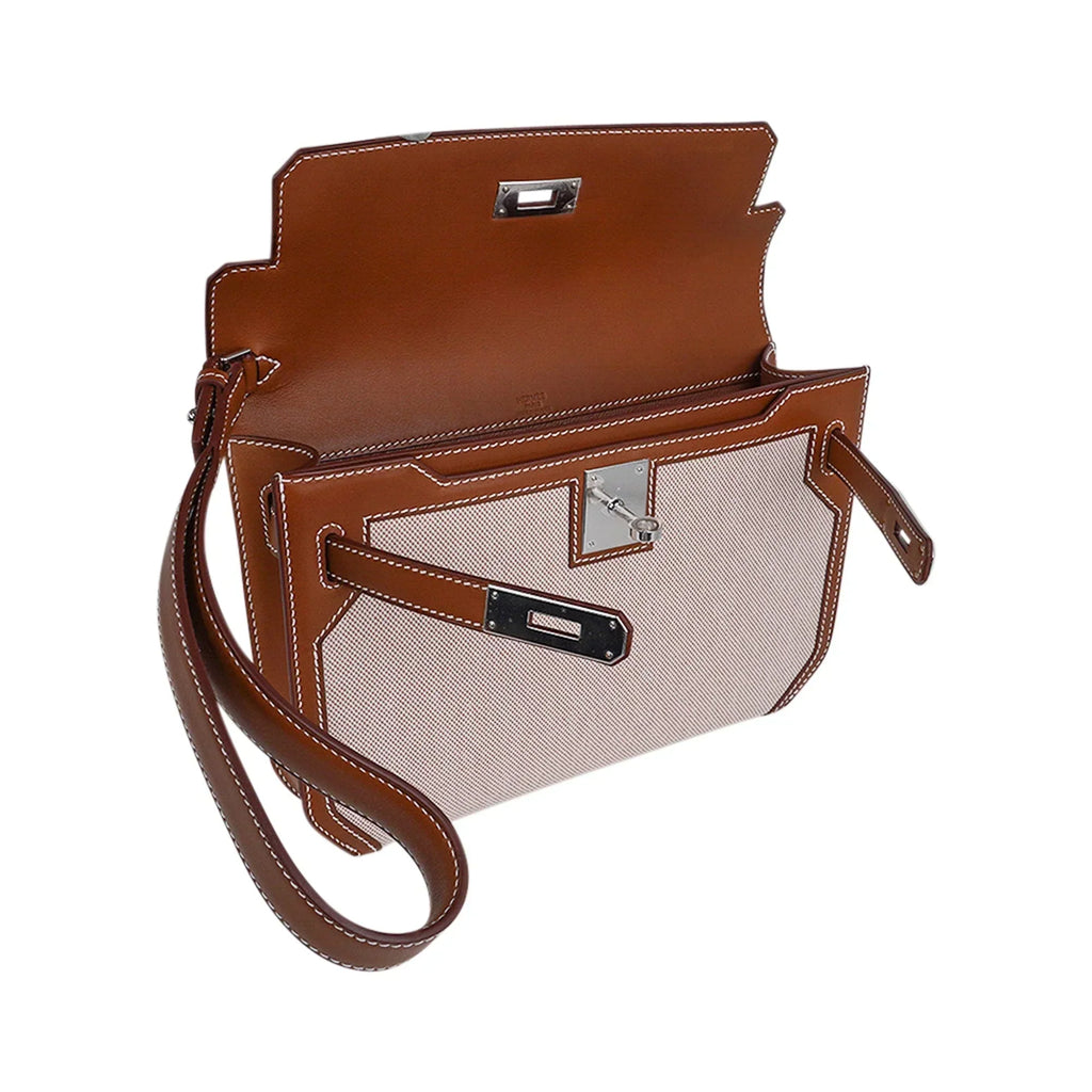 Kelly Depeches 25 Pouch Toile & Fauve Barenia Trim with Palladium Hardware