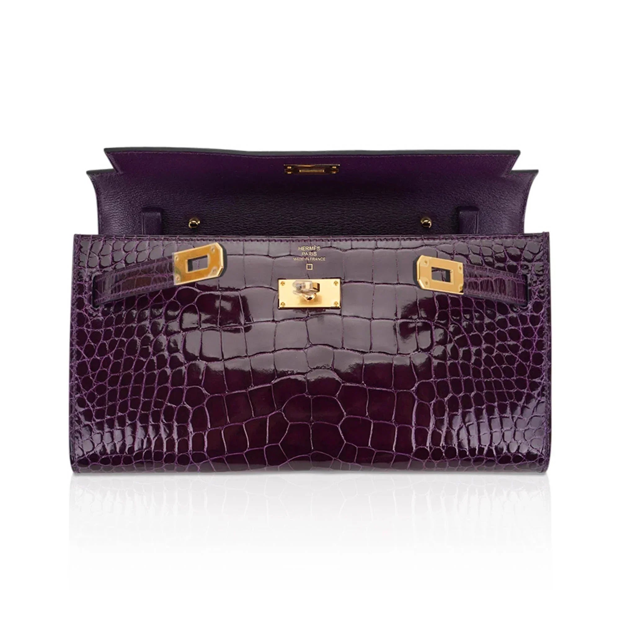 Kelly Classique To Go Wallet Cassis Alligator with Gold Hardware