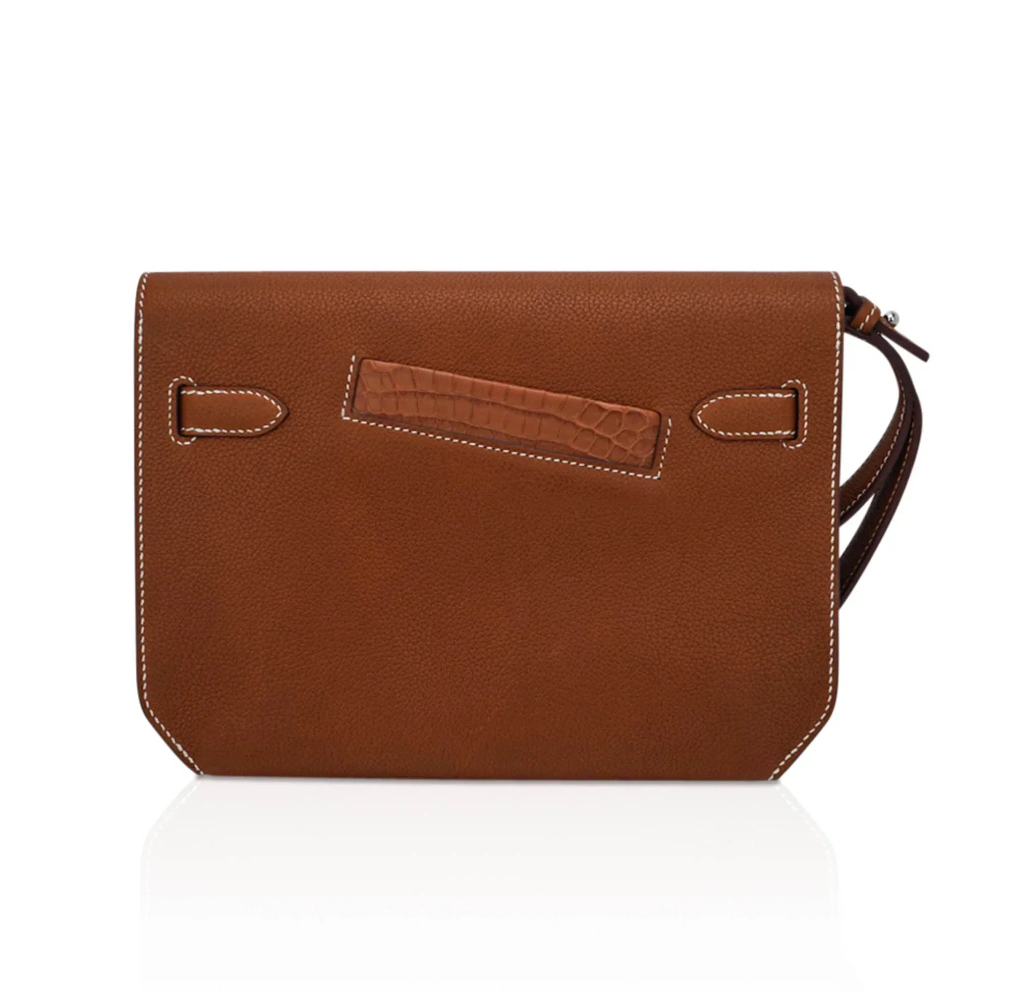Kelly Depeches Touch Pouch 25 Bag Fauve Barenia Faubourg Leather and Gold Matte Alligator with Palladium Hardware