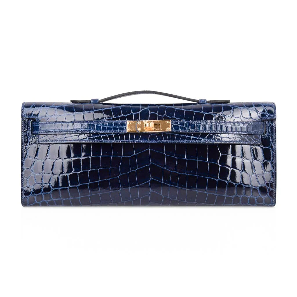Kelly Cut Blue Sapphire Crocodile Clutch Bag Gold Hardware
