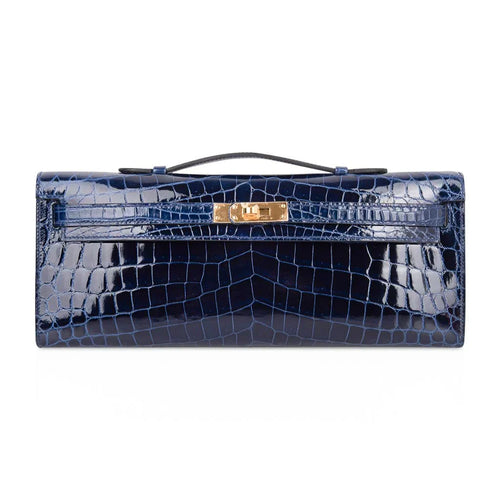Kelly Cut Blue Sapphire Crocodile Clutch Bag Gold Hardware