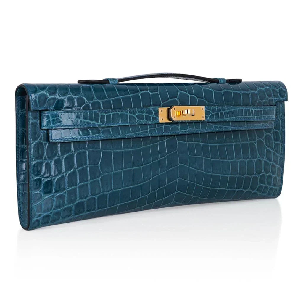Kelly Cut Bag Blue Colvert Crocodile with Gold Hardware