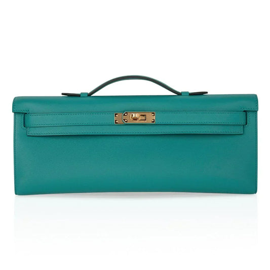 Kelly Cut Vert Verone Clutch Bag Gold Hardware Swift Leather