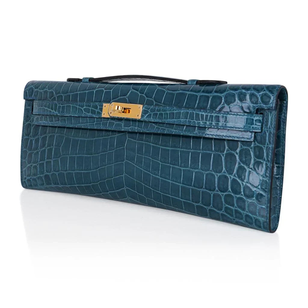 Kelly Cut Bag Blue Colvert Crocodile with Gold Hardware