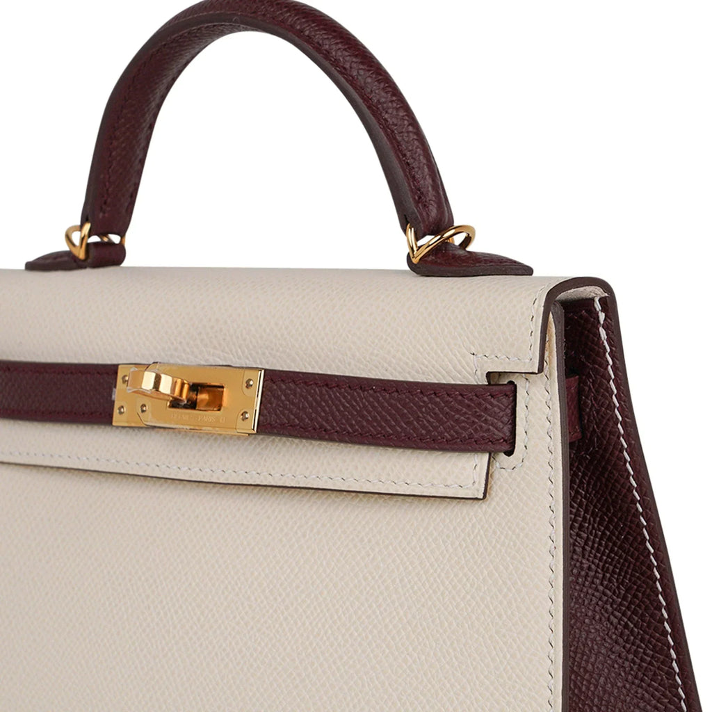 Special Order HSS Mini Kelly 20 Sellier Bag Nata & Bordeaux Epsom Leather with Gold Hardware