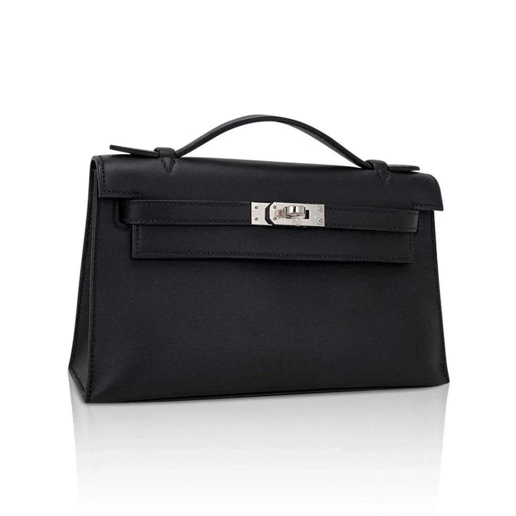 Kelly Pochette Clutch Bag Black Swift Leather with Palladium Hardware
