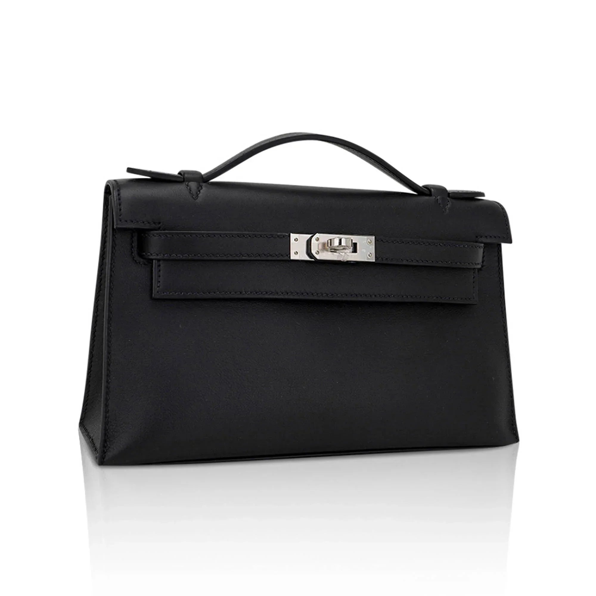 Kelly Pochette Clutch Bag Black Swift Leather with Palladium Hardware