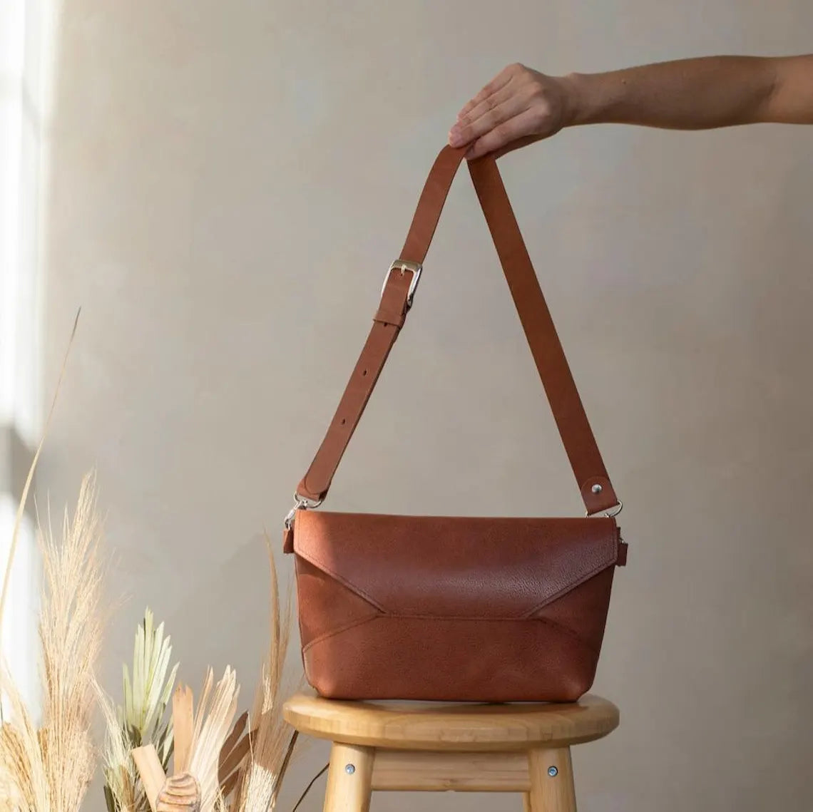 Two-Tone Origami Fold Envelope Shoulder Bag With Textured Grain Surface, Silvery Buckle Strap Hardware And Clean Geometric Front Paneling