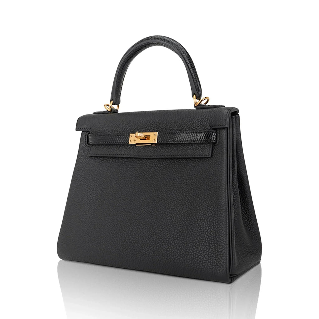 Kelly Touch 25 Retourne Bag Black Lizard Togo Leather Gold Hardware