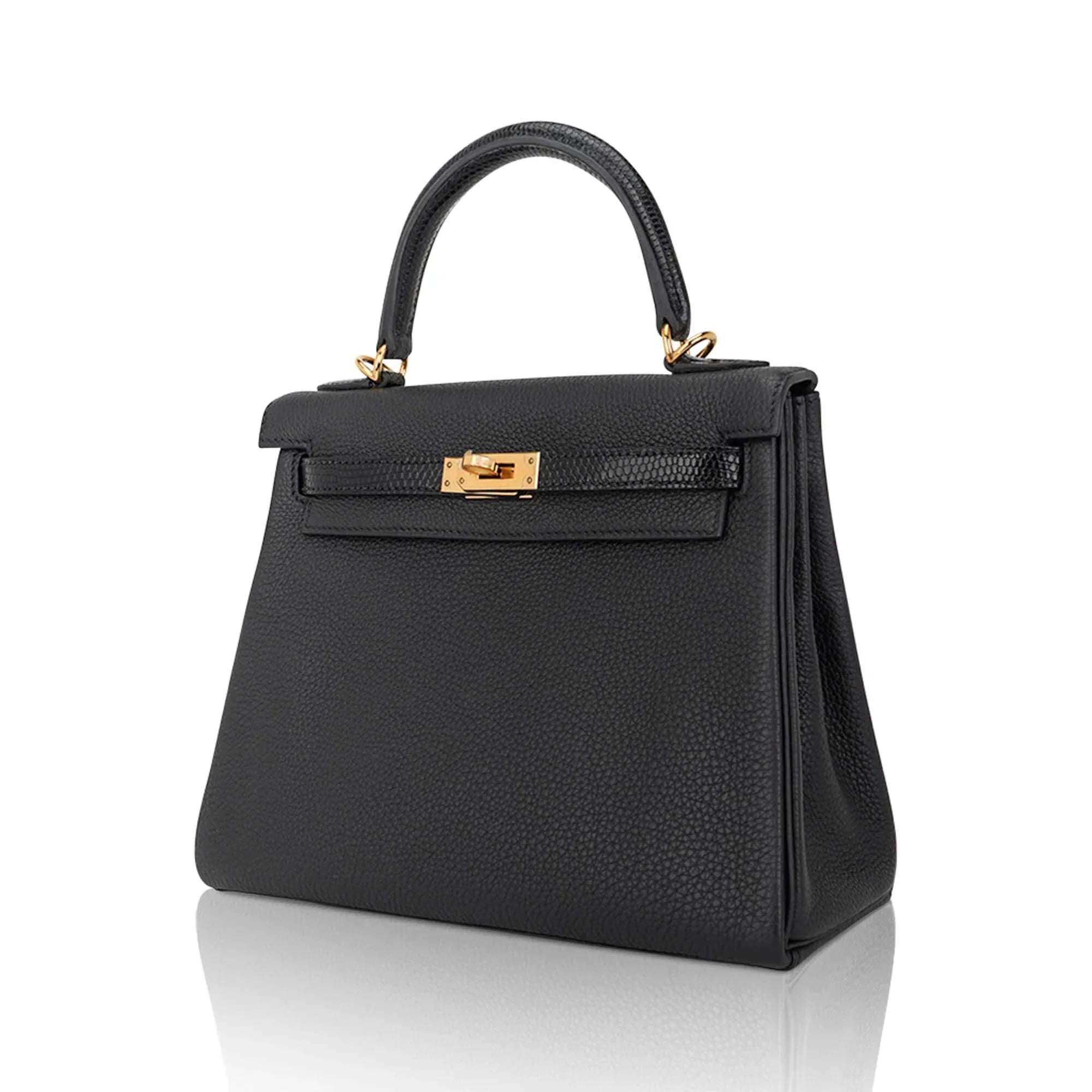 Kelly Touch 25 Retourne Bag Black Lizard Togo Leather Gold Hardware