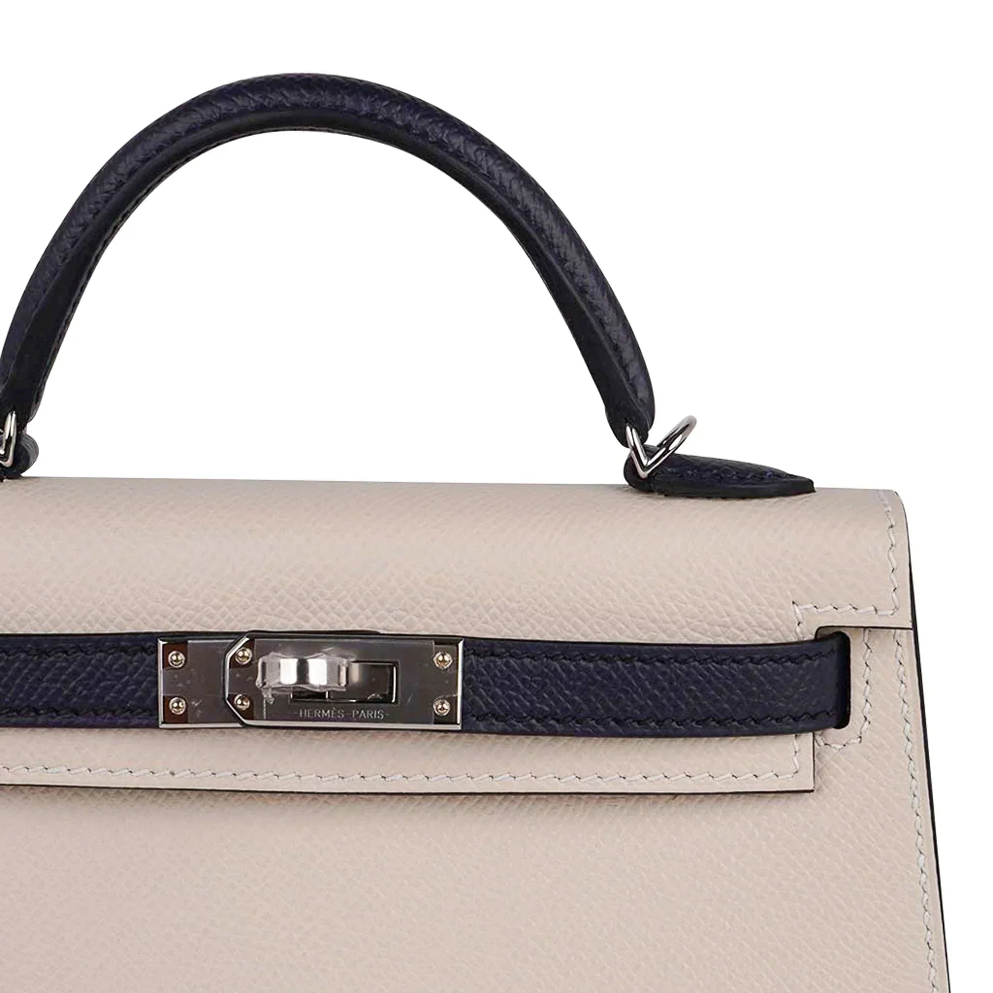 Special Order HSS Mini Kelly 20 Bag Sellier Craie & Blue Indigo Epsom Leather with Palladium Hardware