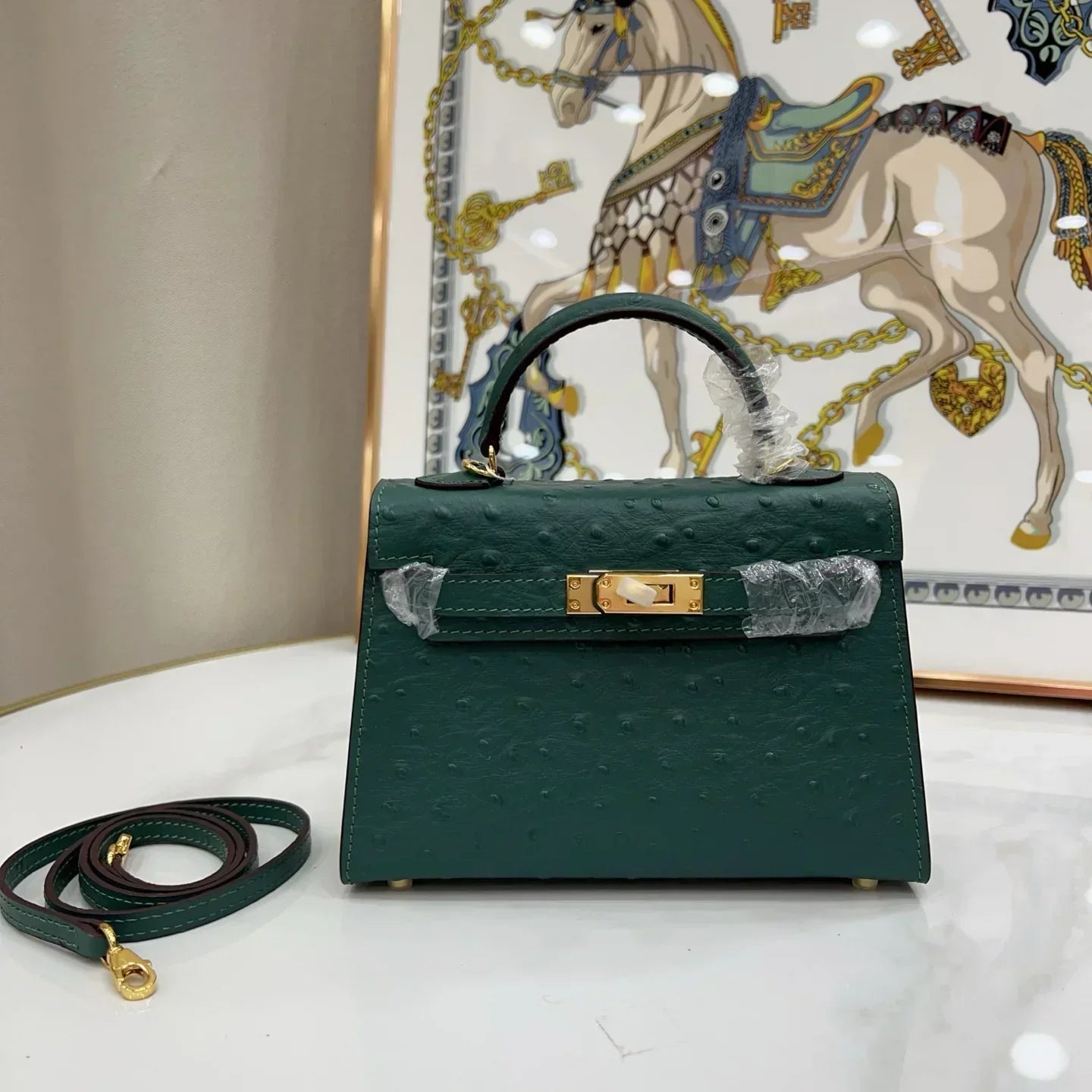 Kelly Cyprus green Cowhide Ostrich Grain Texture gold Hardware