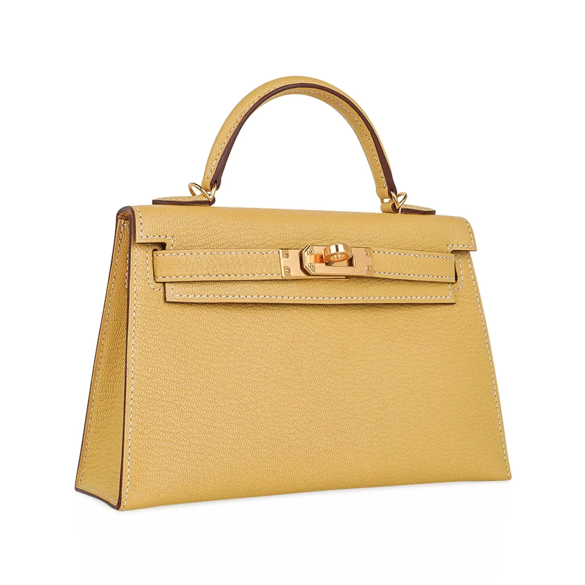 Mini Kelly 20 Sellier Jaune Foin Bag Chevre Gold
