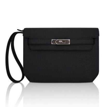 Kelly Depeches 25 Pouch Bag Black Galop D’Leather with Palladium Hardware