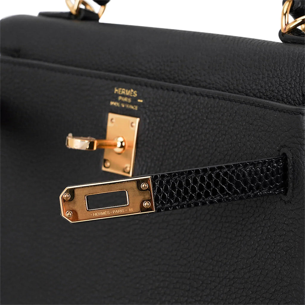 Kelly Touch 25 Retourne Bag Black Lizard Togo Leather Gold Hardware