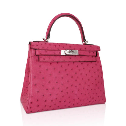 Kelly 25 Retourne Bag Fuchsia Ostrich with Palladium Hardware