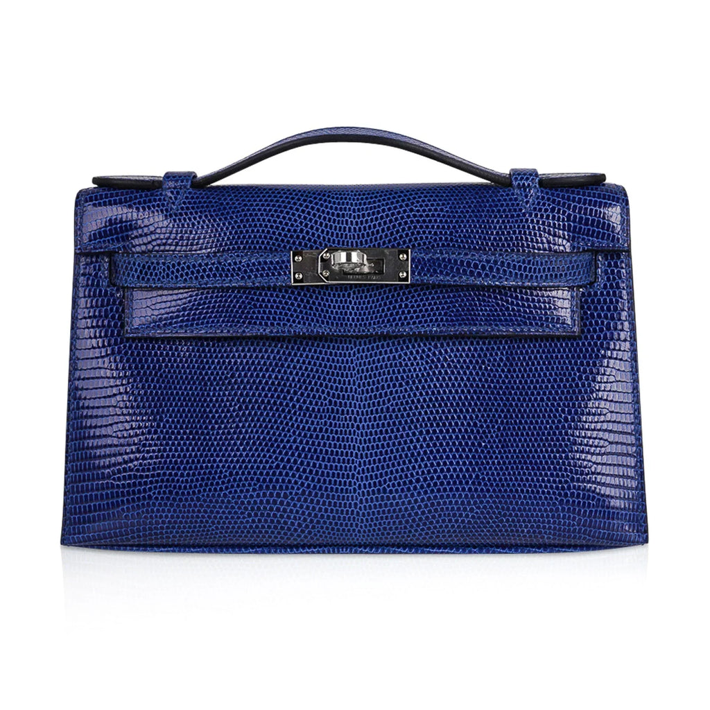 Kelly Pochette Bag Blue Sapphire Lizard Clutch Palladium Hardware