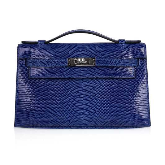 Kelly Pochette Bag Blue Sapphire Lizard Clutch Palladium Hardware