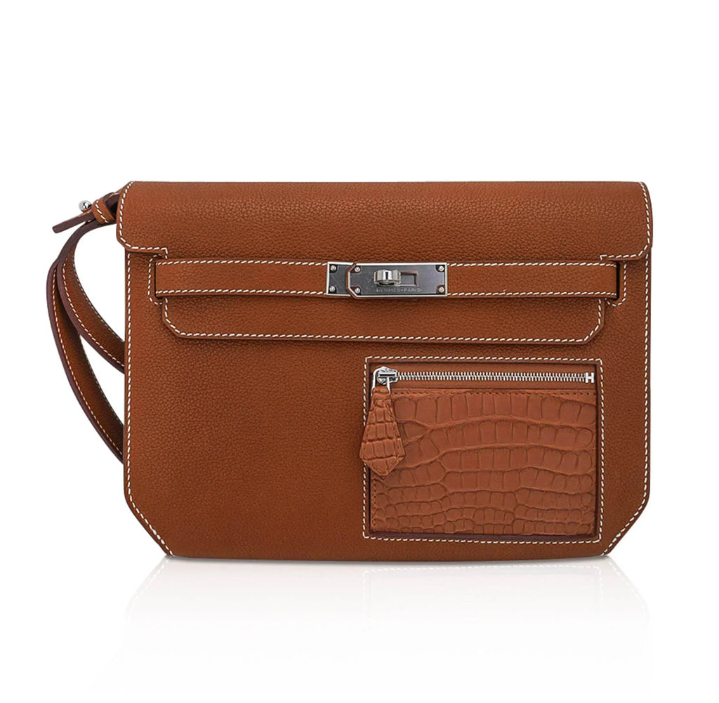 Kelly Depeches Touch Pouch 25 Bag Fauve Barenia Faubourg Leather and Gold Matte Alligator with Palladium Hardware