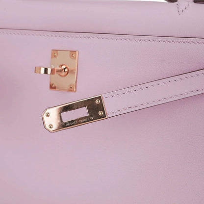 Kelly Pochette Clutch Bag Mauve Sylvestre Swift Leather with Rose Gold Hardware