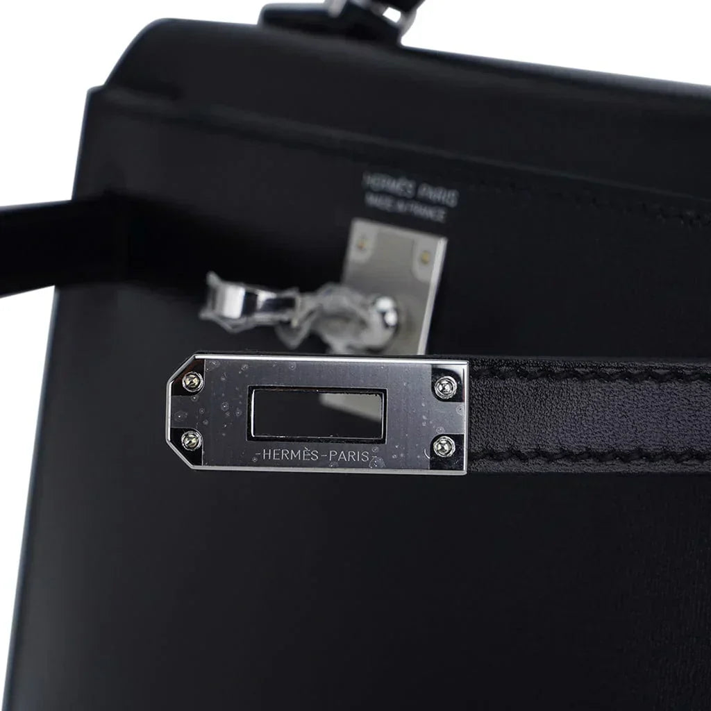Kelly 20 Sellier Black Box Leather Mini Bag Palladium Hardware