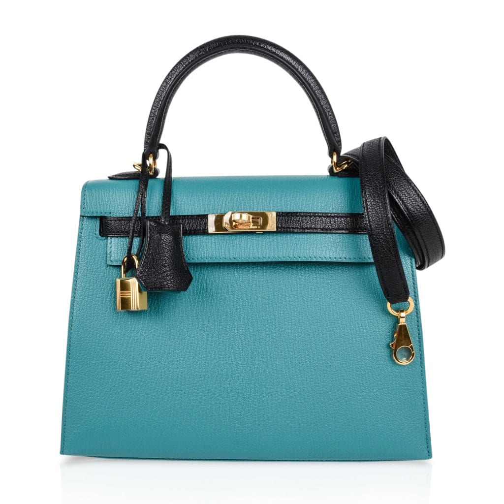 Kelly 25 Sellier Bag HSS Blue Paon / Black Chevre Mysore Gold Hardware