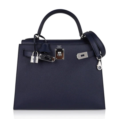 Kelly 28 Bag Blue Indigo Sellier Epsom Palladium Hardware New/Box