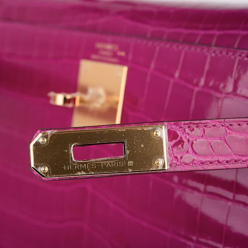 Kelly 28 Sellier Bag Rose Scheherazade Crocodile Gold Hardware